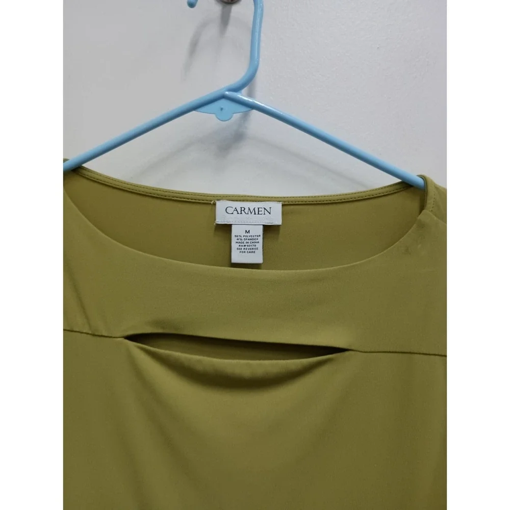 Carmen Marc Valvo Womens Top Medium Green Short Sleeve Cutout Carrier Office - Picture 2 of 7
